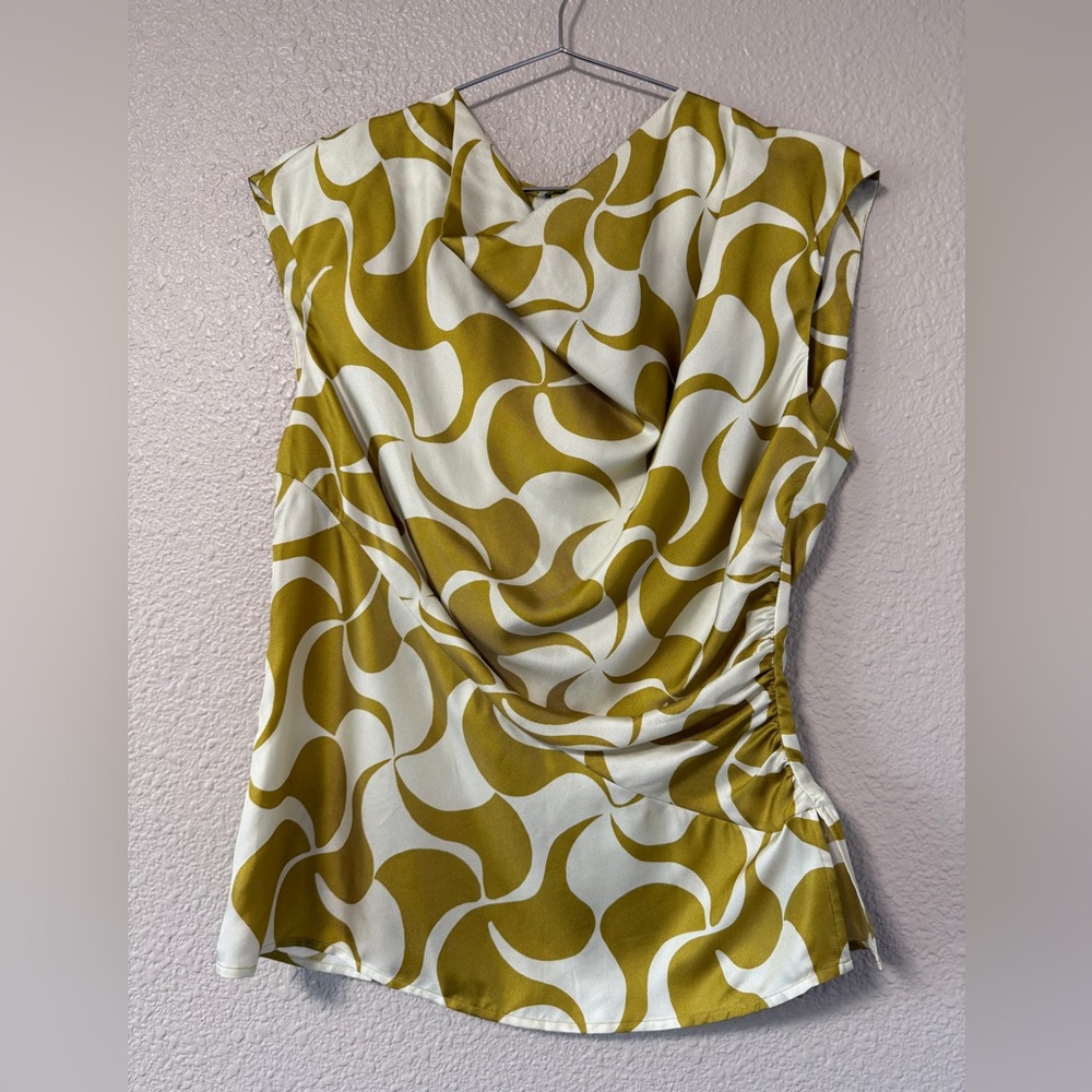 Soeur Eclat Silk Blouse Graphic Cowl Neck Tank French Chic Top M Europe Vacation